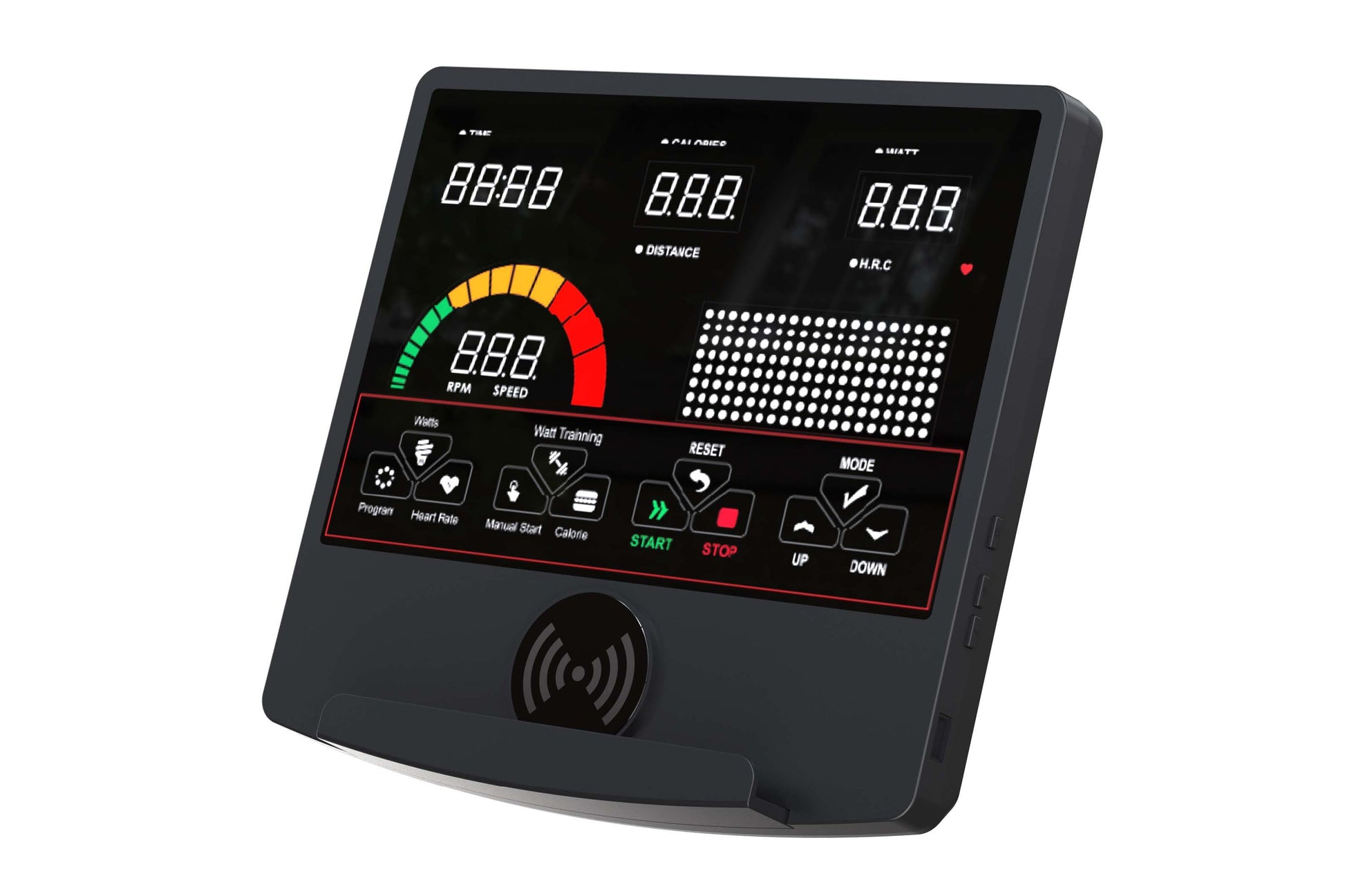 Black exercise bike console with digital display showing time, calories, distance, watts, and RPM speed gauge, plus control b