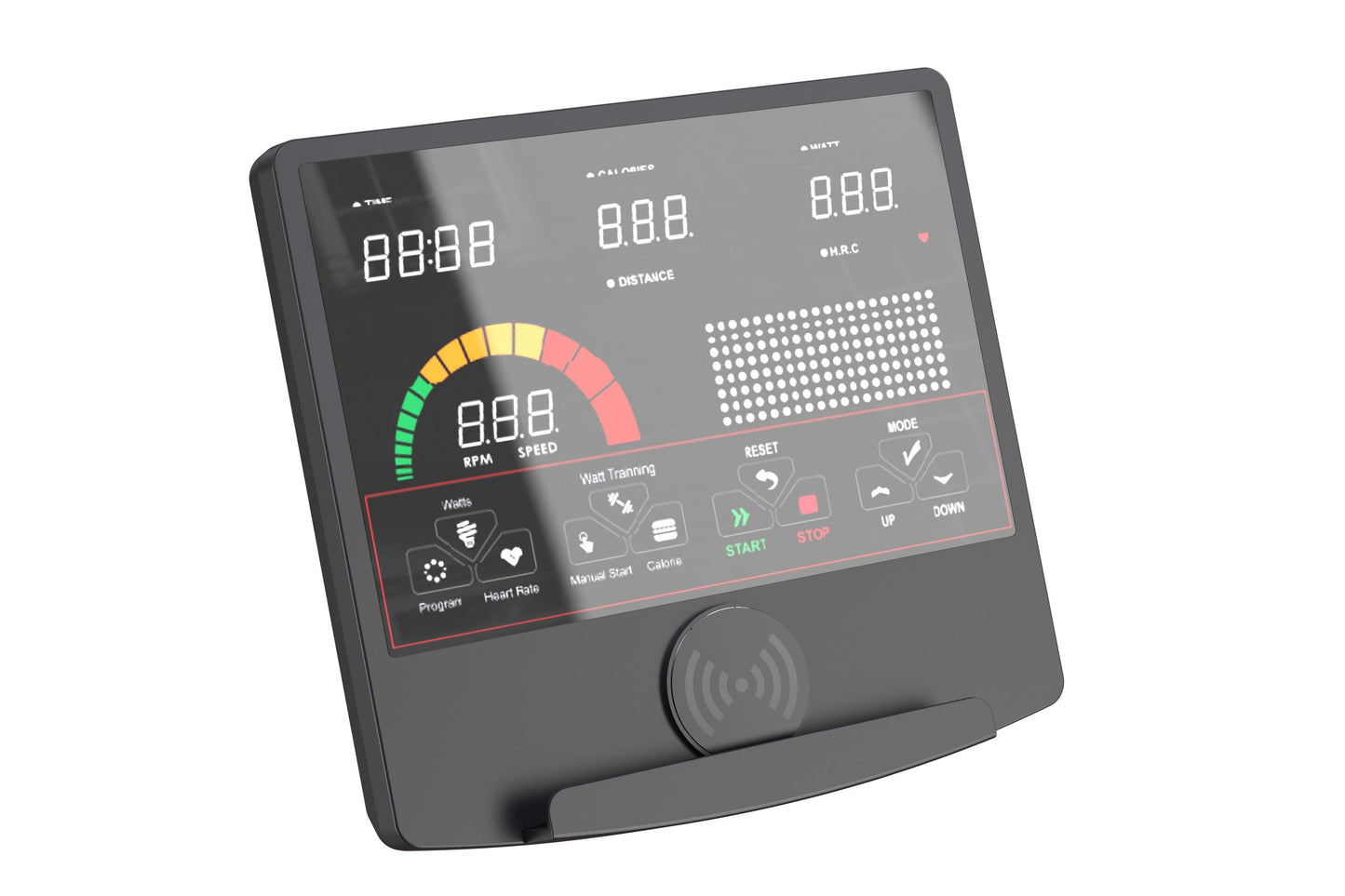 Black elliptical trainer console with digital LED displays showing time, calories, distance, watts, and RPM speed with colorf