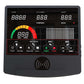 Elliptical trainer console with digital display showing time, calories, watts, and heart rate metrics, featuring a colorful s