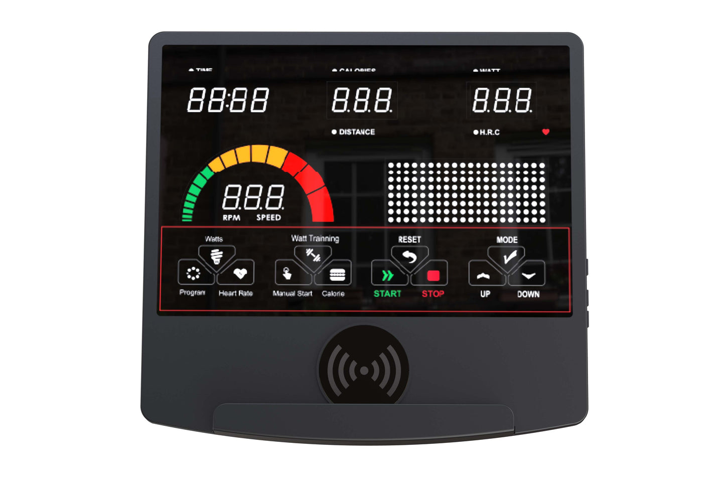 Elliptical trainer console with digital display showing time, calories, watts, and heart rate metrics, featuring a colorful s