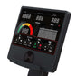 Black elliptical trainer console with digital display, RPM speed gauge, and control buttons on white background