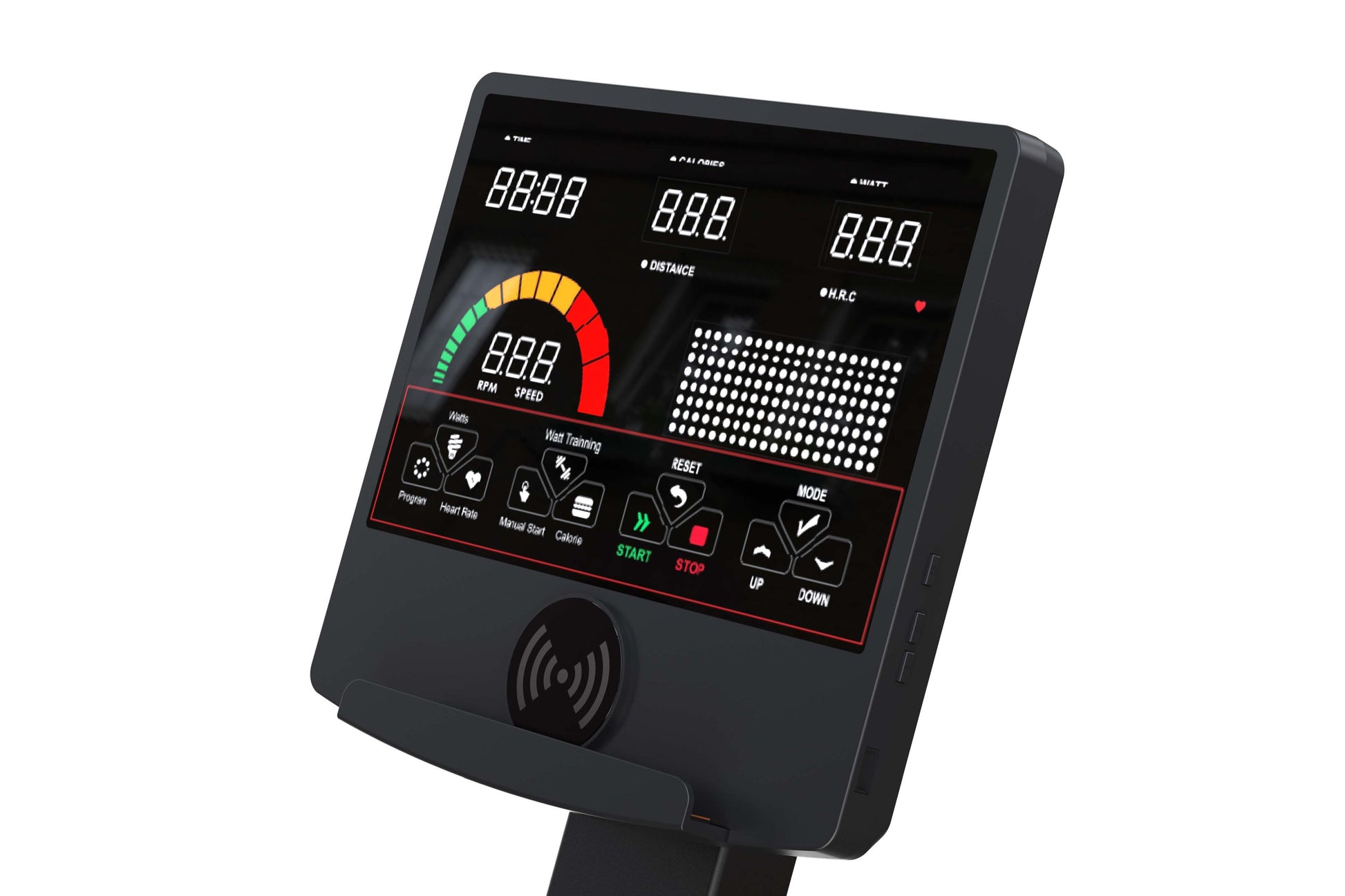 Black elliptical trainer console with digital display, RPM speed gauge, and control buttons on white background