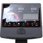 Gray elliptical machine console displaying time, calories, watts, distance, heart rate, and speed with digital gauges, contro