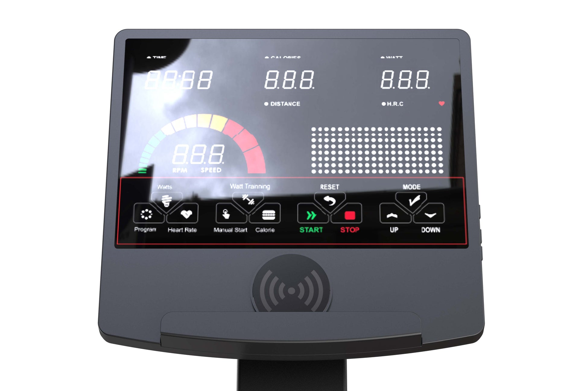 Gray elliptical machine console displaying time, calories, watts, distance, heart rate, and speed with digital gauges, contro