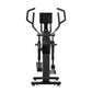 Black elliptical trainer with curved handles, digital display, and pedals on white background