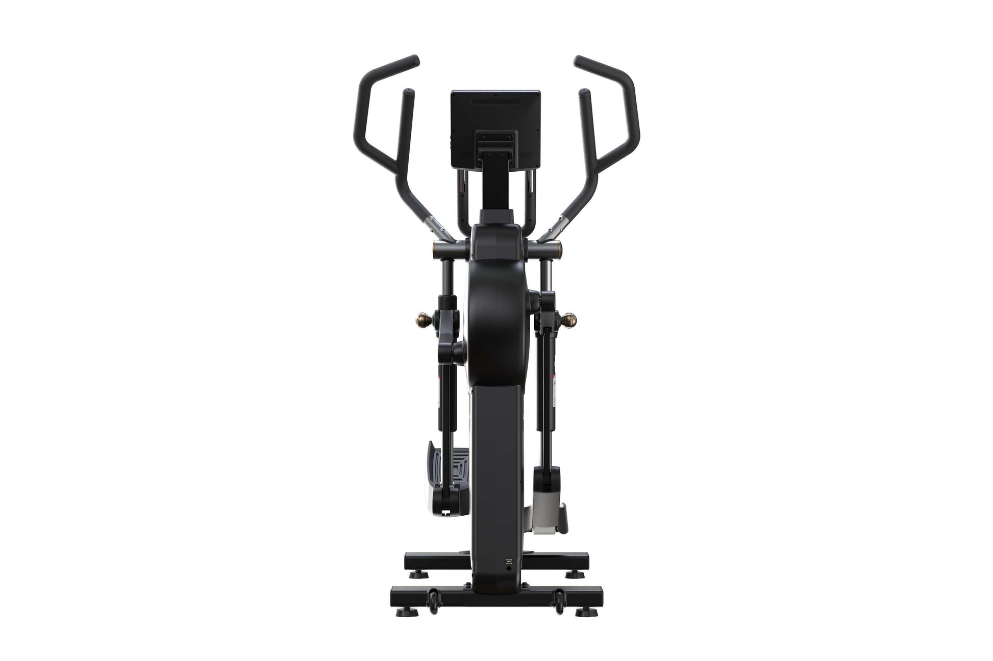 Black elliptical trainer with curved handles, digital display, and pedals on white background