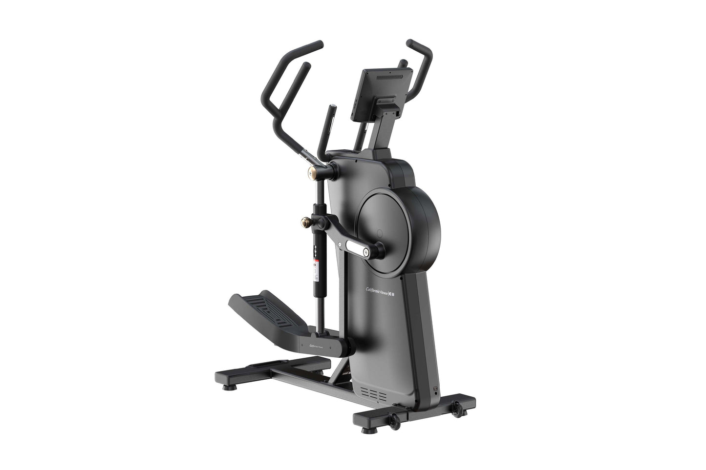 Black elliptical trainer with dual handles, digital display, and footpads on white background