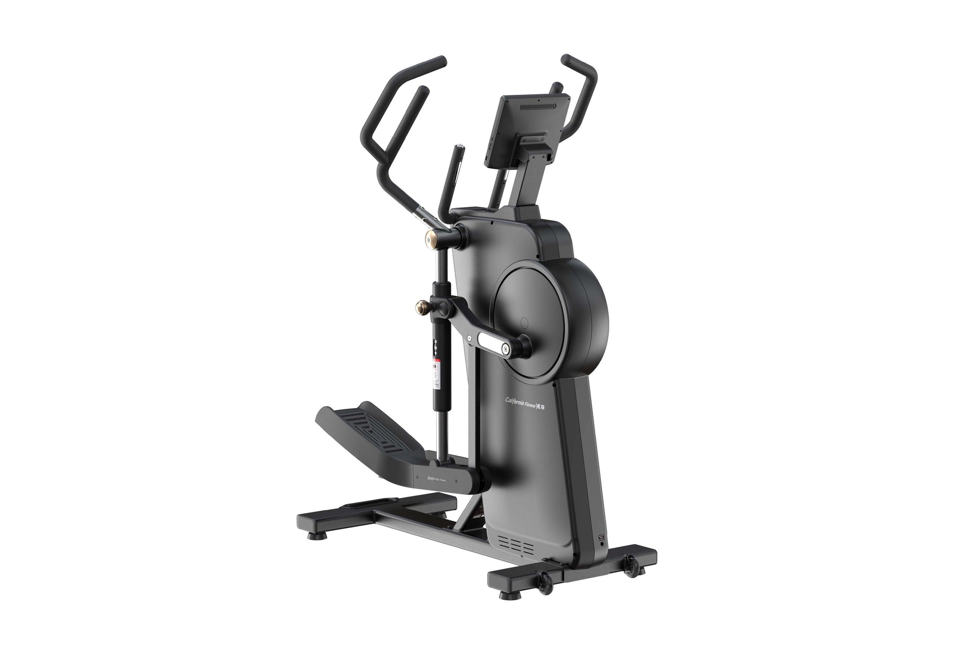 Black elliptical trainer with dual handles, digital display, and footpads on white background