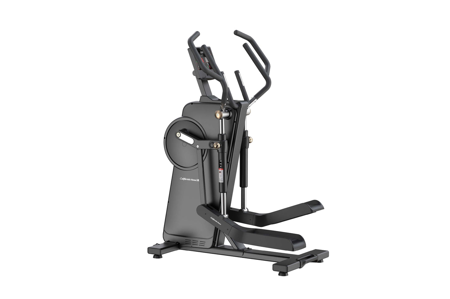 Black elliptical trainer with dual handles, digital display console, and foot pedals on white background