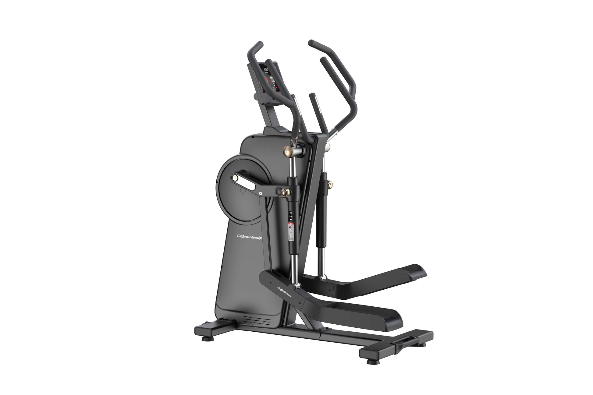 Black elliptical trainer with dual handles, digital display console, and foot pedals on white background