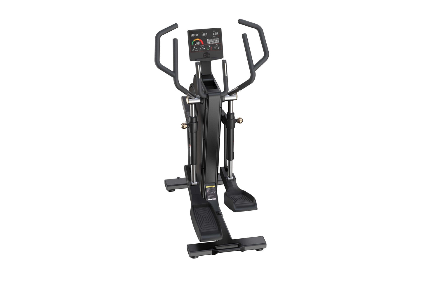 Black elliptical machine with digital display console, dual handles, and foot pedals on white background