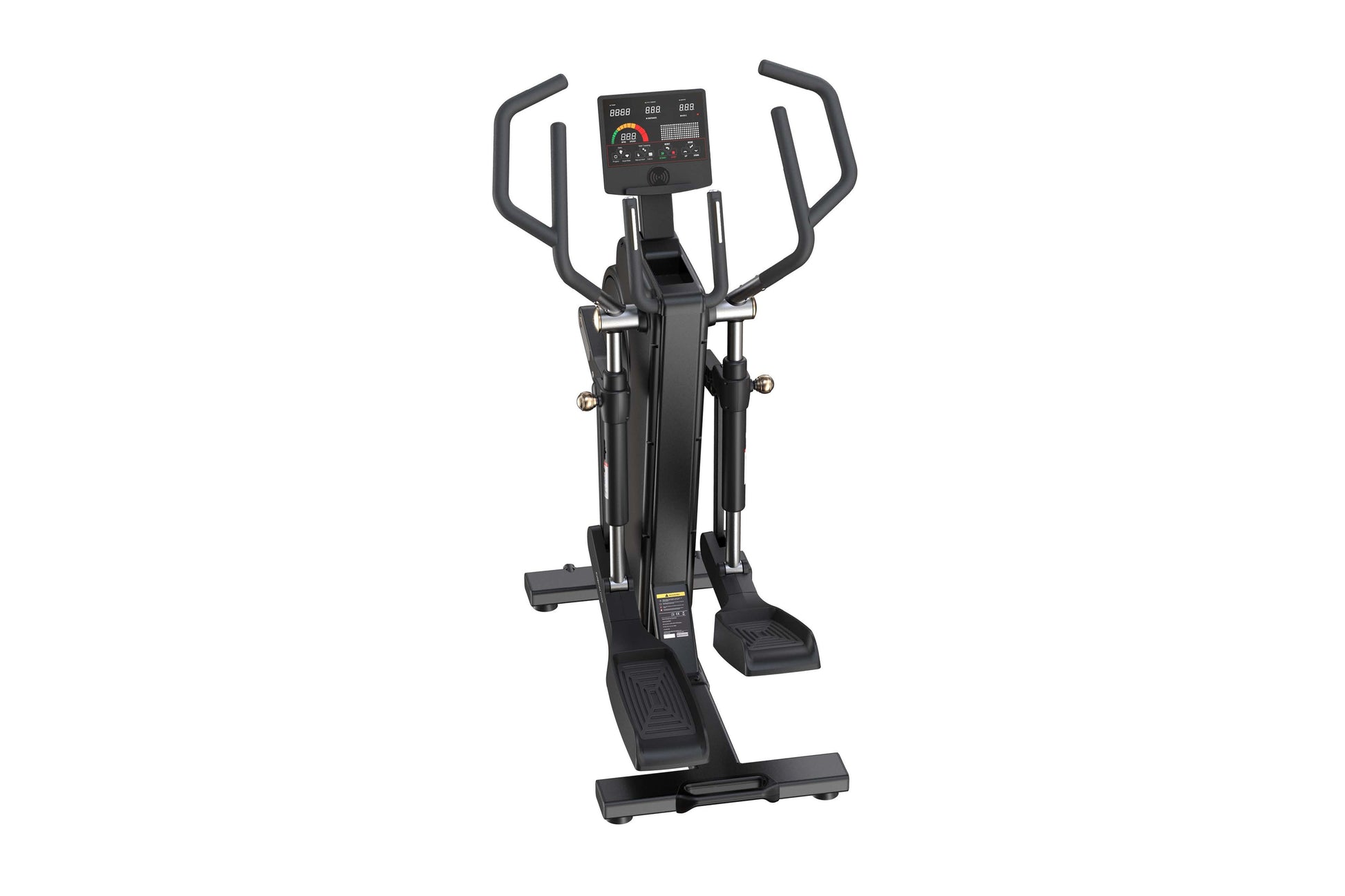 Black elliptical machine with digital display console, dual handles, and foot pedals on white background