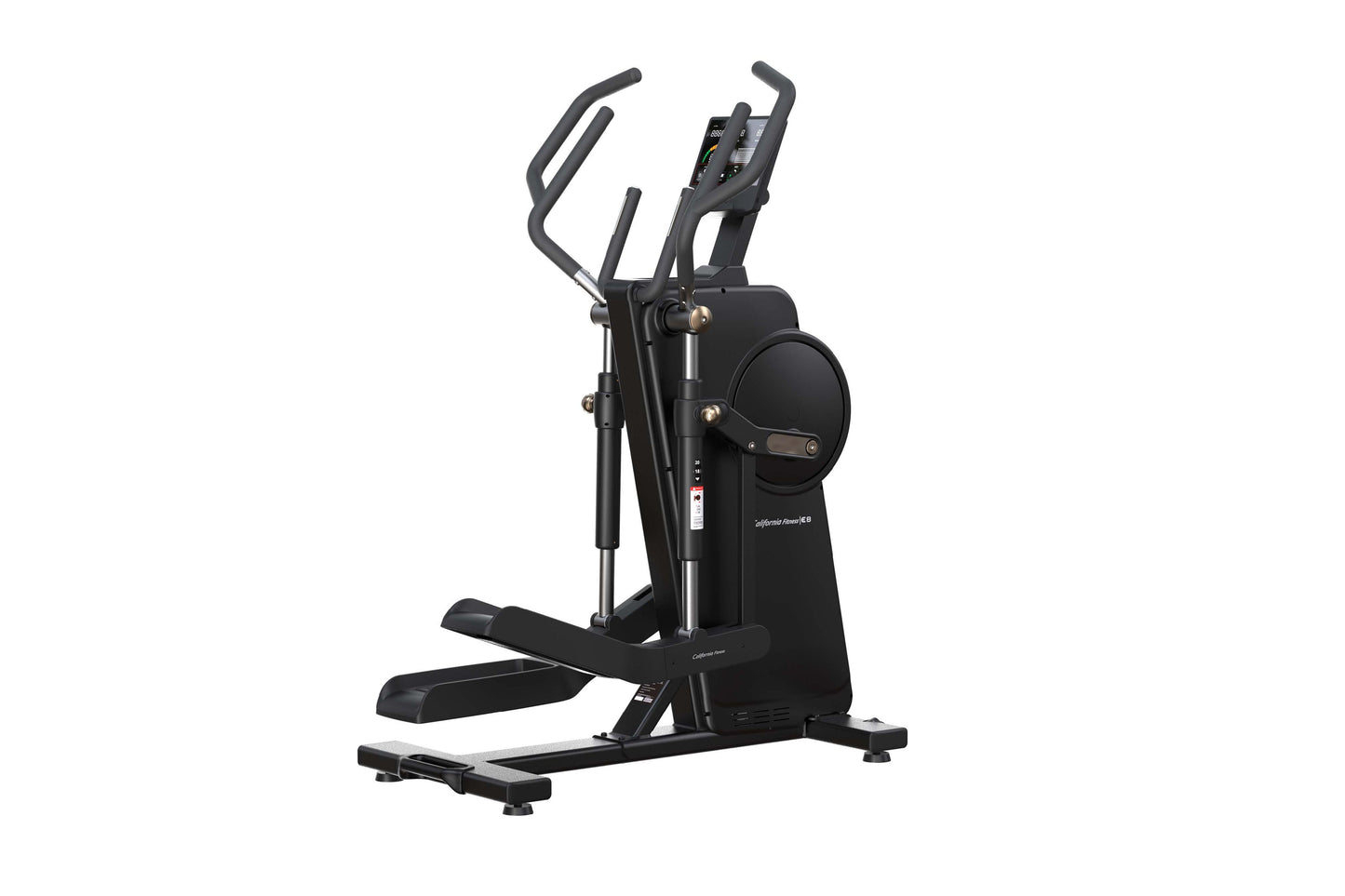 Black California Fitness E8as elliptical trainer with dual handles, digital display, and foot pedals on white background