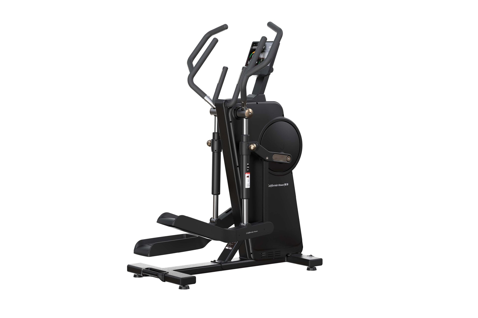 Black California Fitness E8as elliptical trainer with dual handles, digital display, and foot pedals on white background