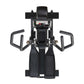 Black elliptical trainer with digital display console, dual handles, and dual foot pedals on white background