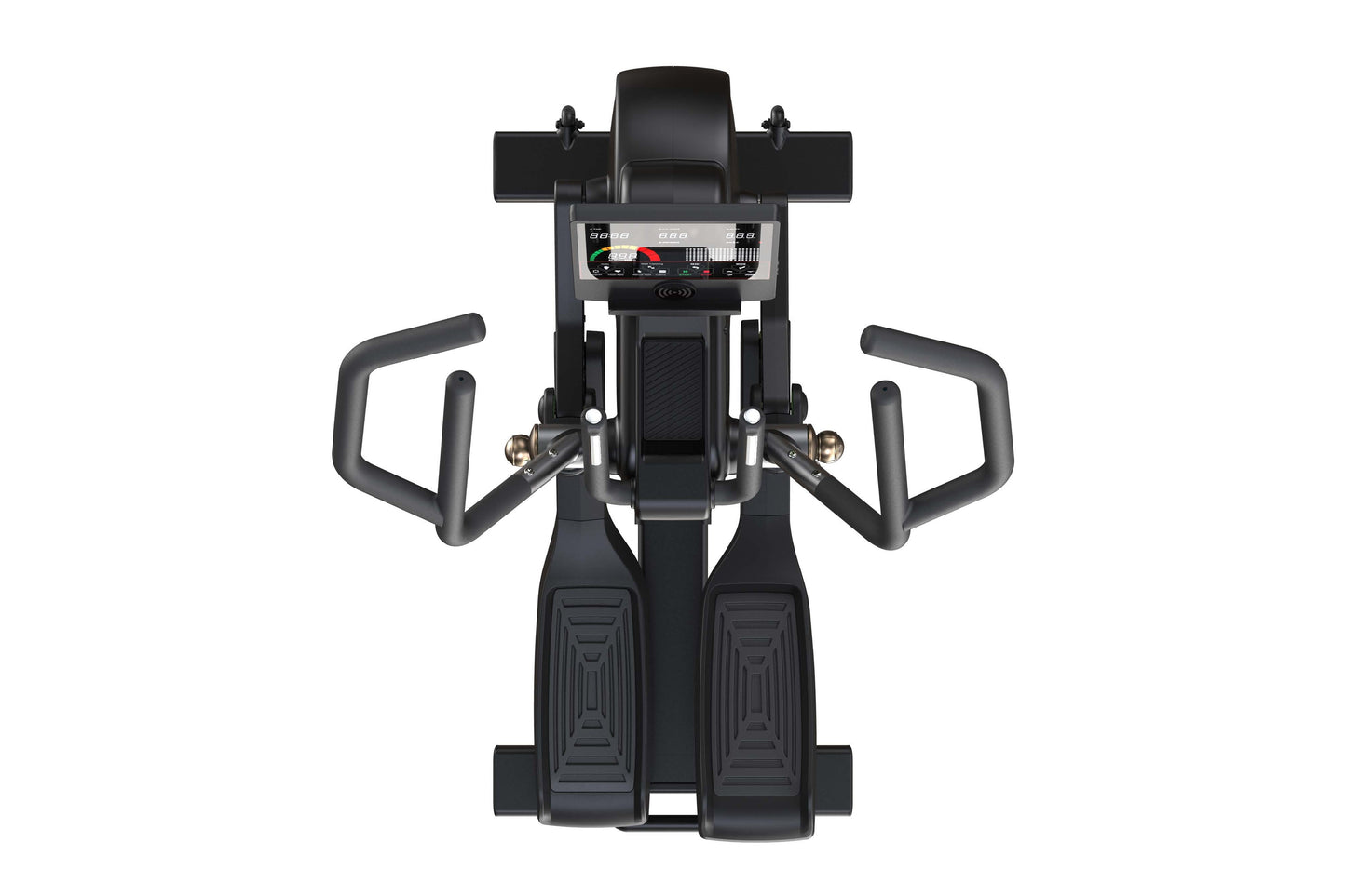Black elliptical trainer with digital display console, dual handles, and dual foot pedals on white background