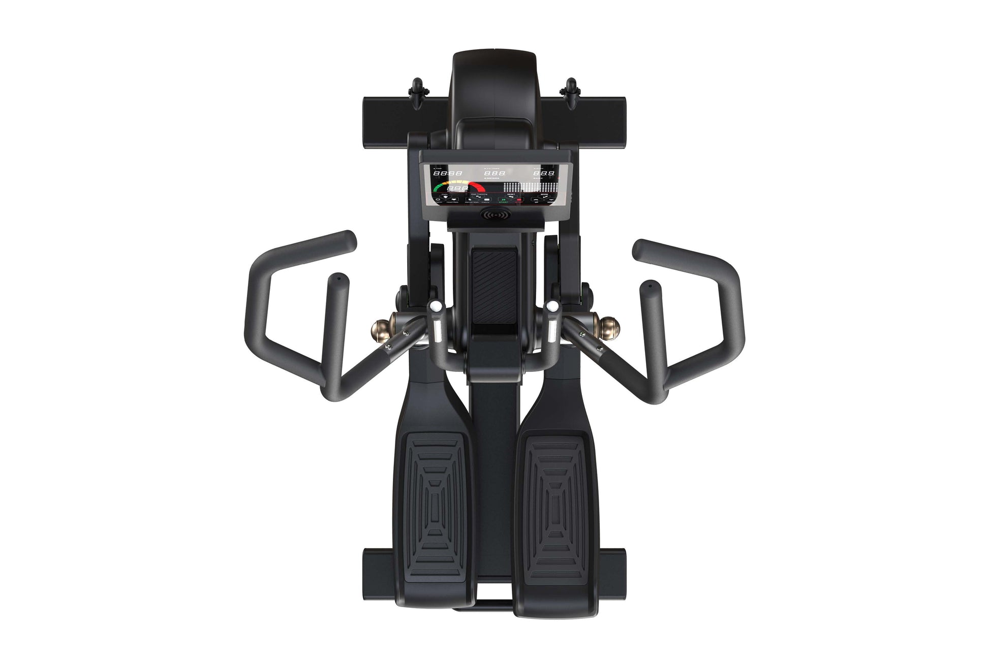 Black elliptical trainer with digital display console, dual handles, and dual foot pedals on white background