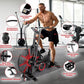 Man using black and red stationary air bike in gym with labeled features including resistance adjustment, comfortable seat, a