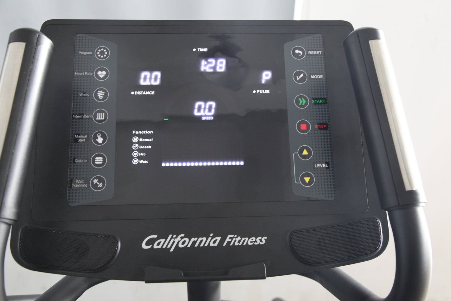 Black California Fitness elliptical machine console with digital display showing time, distance, speed, and pulse metrics, fe