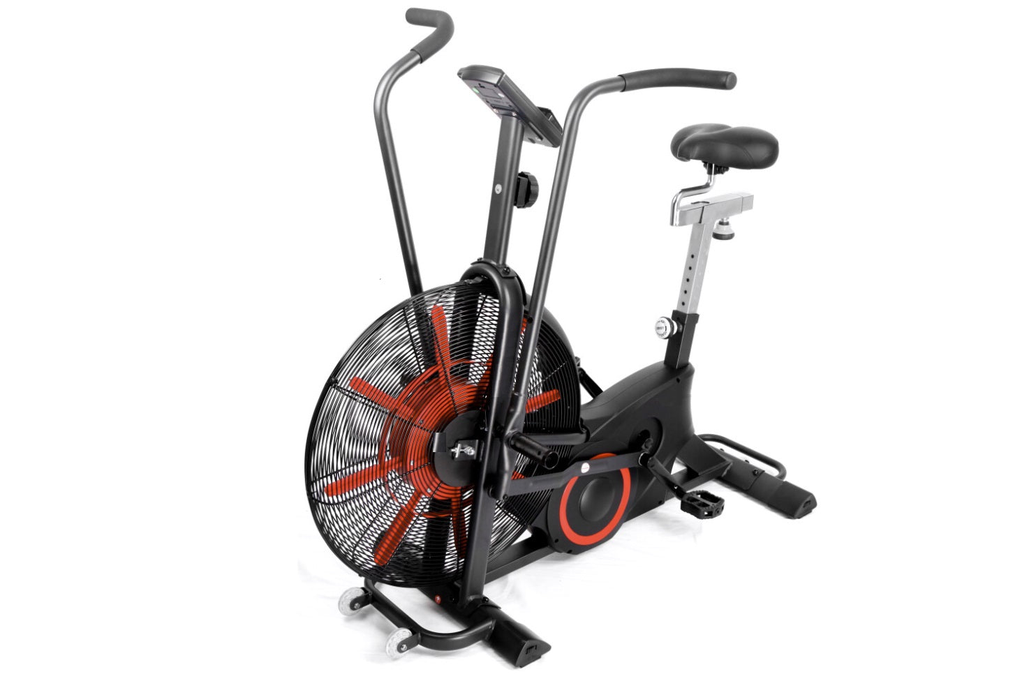 Black and red air resistance exercise bike with large fan wheel, dual handles, digital display, and black padded seat on whit