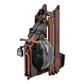 Folding water rowing machine with dark wood frame, black straps, gray water tank, and foot pedals on white background