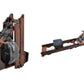 Folding water rowing machine with brown wooden frame, black water tank, and digital monitor, shown in upright and extended po