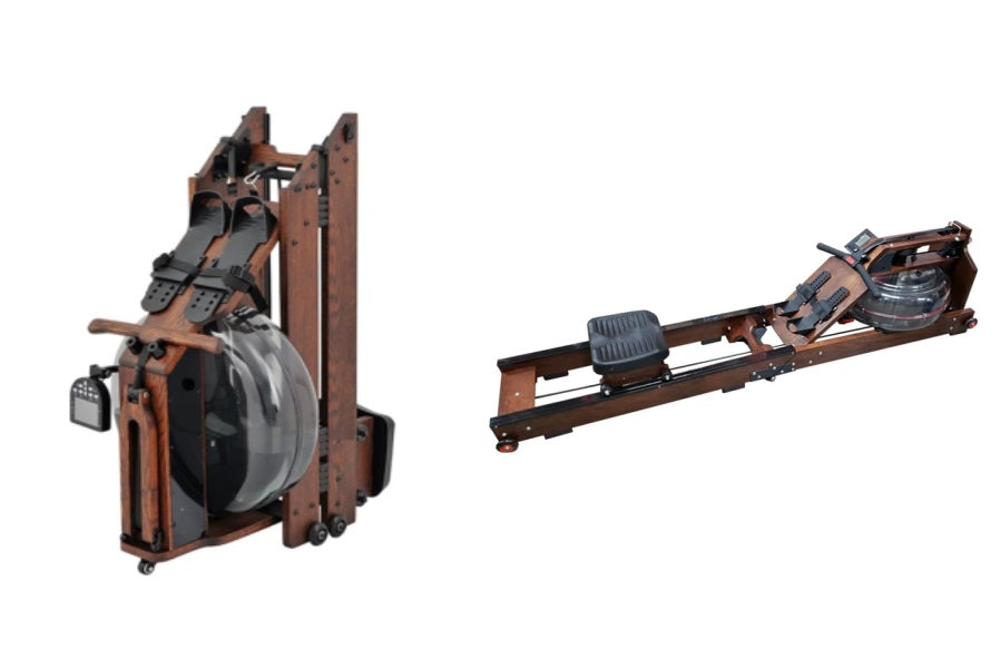 Folding water rowing machine with brown wooden frame, black water tank, and digital monitor, shown in upright and extended po