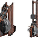 Folding water rowing machine with dark wood frame, black foot pedals, and gray water tank, shown in open and collapsed positi