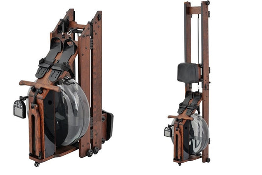 Folding water rowing machine with dark wood frame, black foot pedals, and gray water tank, shown in open and collapsed positi