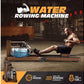 Water rowing machine with wooden frame and blue water tank, shirtless man in black shorts using machine in gym setting