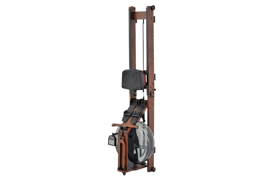 Water rowing machine with dark wood frame, black seat and handles, and transparent water flywheel, displayed on white backgro