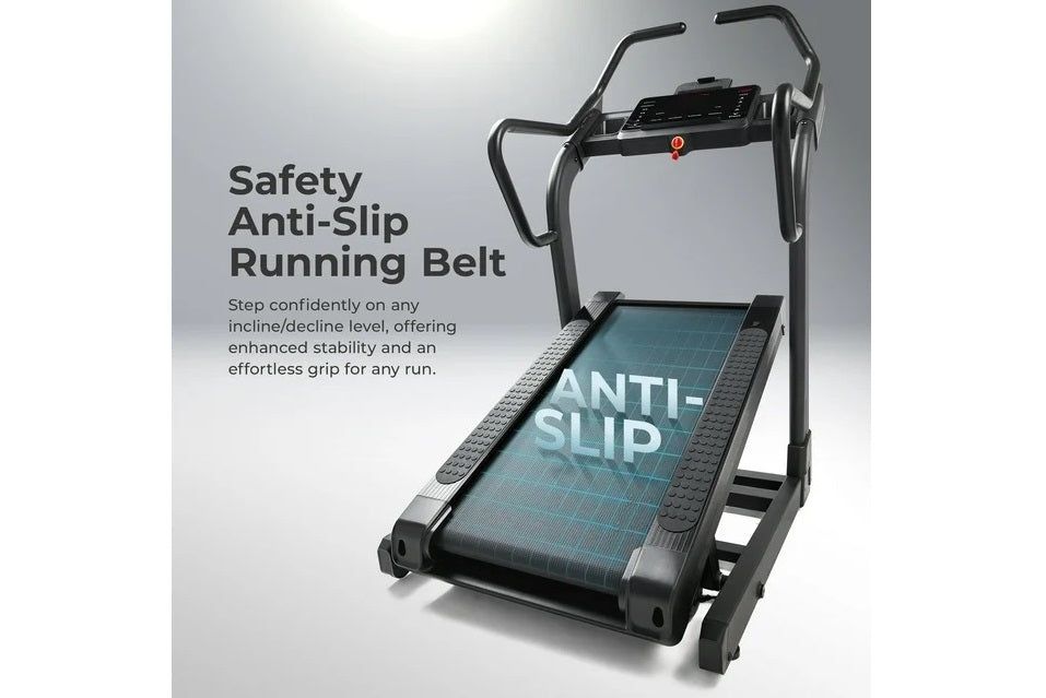 Black incline treadmill with teal anti-slip running belt, curved handlebars, and digital display on white background
