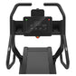 Black incline trainer treadmill with digital display console showing metrics, curved handles, and textured running belt, fron