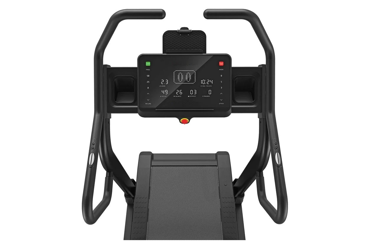 Black incline trainer treadmill with digital display console showing metrics, curved handles, and textured running belt, fron