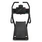 Black electric treadmill with digital console display, dual handles, and wide running deck, front view on white background
