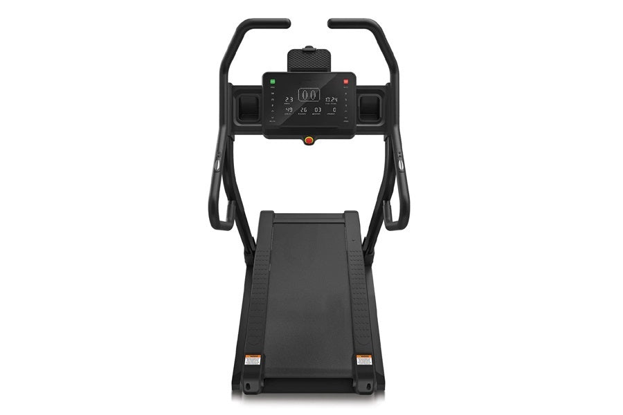 Black electric treadmill with digital console display, dual handles, and wide running deck, front view on white background