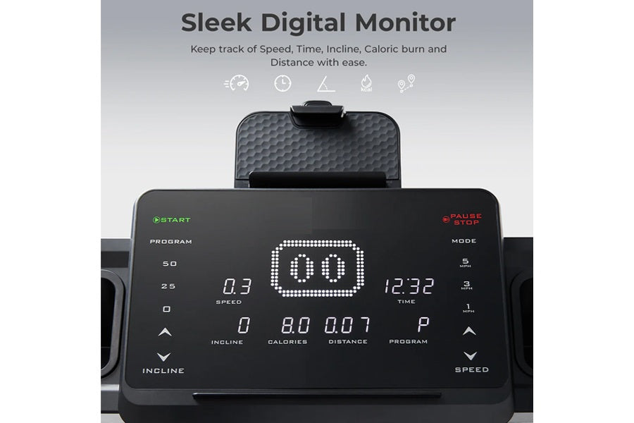 Black digital monitor display with LED screen showing speed, time, incline, calories and distance metrics, mounted on fitness