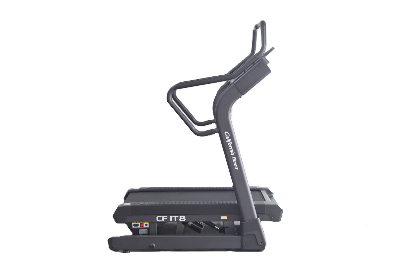 California Fitness IT8 incline trainer treadmill with curved running deck and dual handles on white background