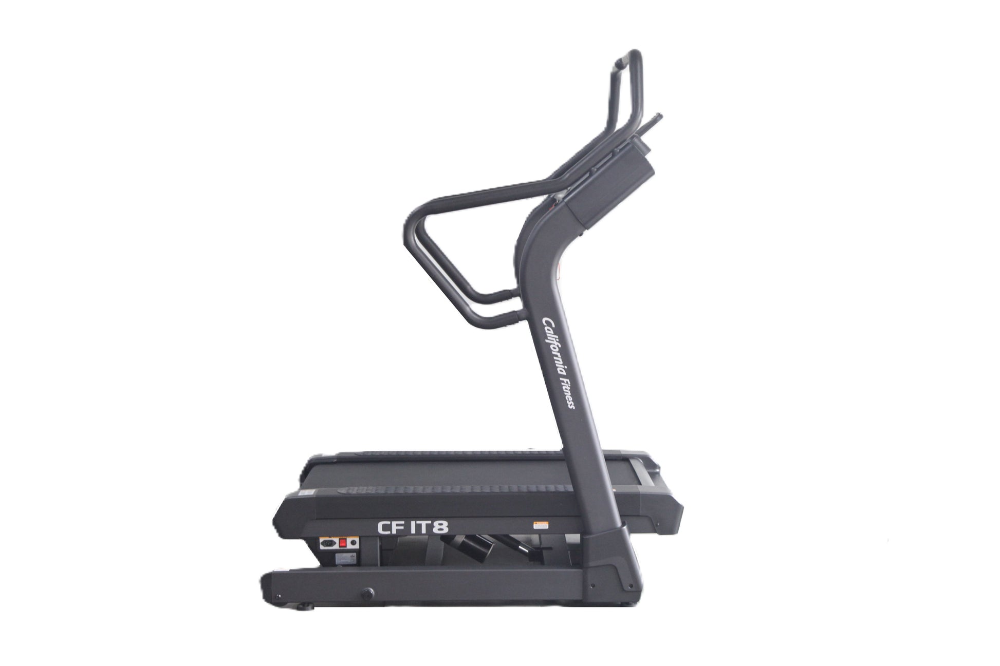California Fitness IT8 incline trainer treadmill with curved running deck and dual handles on white background