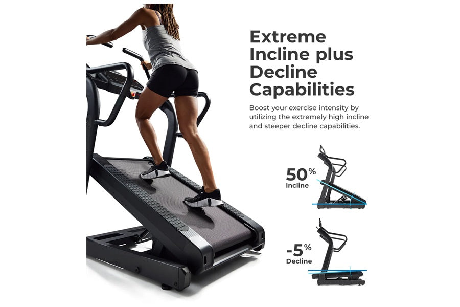 Woman using black motorized treadmill with extreme incline capability, shown at high angle on white background