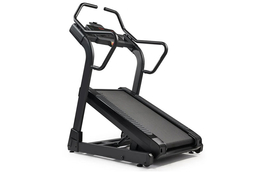Black incline trainer treadmill with angled running deck, dual handrails, and digital display on white background