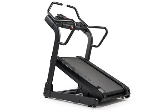 Black incline trainer treadmill with angled running deck, dual handrails, and digital display on white background