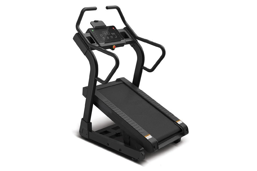 Black incline trainer treadmill with digital display console, curved handrails, and textured running belt on white background
