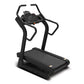 Black motorized treadmill with curved handrails, digital console display, and textured running deck on white background