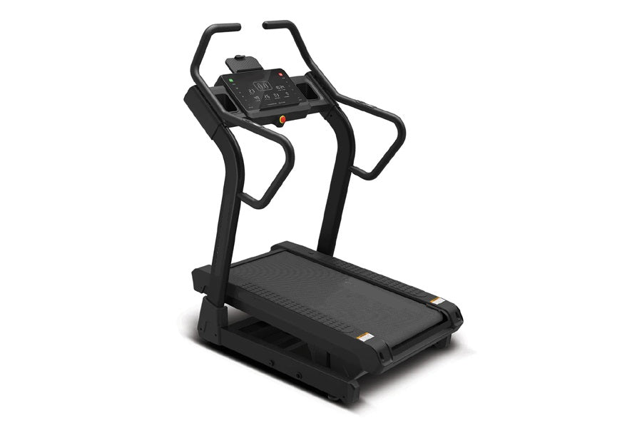 Black motorized treadmill with curved handrails, digital console display, and textured running deck on white background