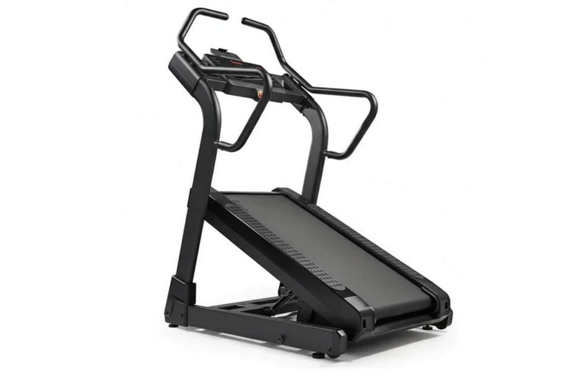 Black incline trainer treadmill with digital console, curved handles, and textured running deck on white background
