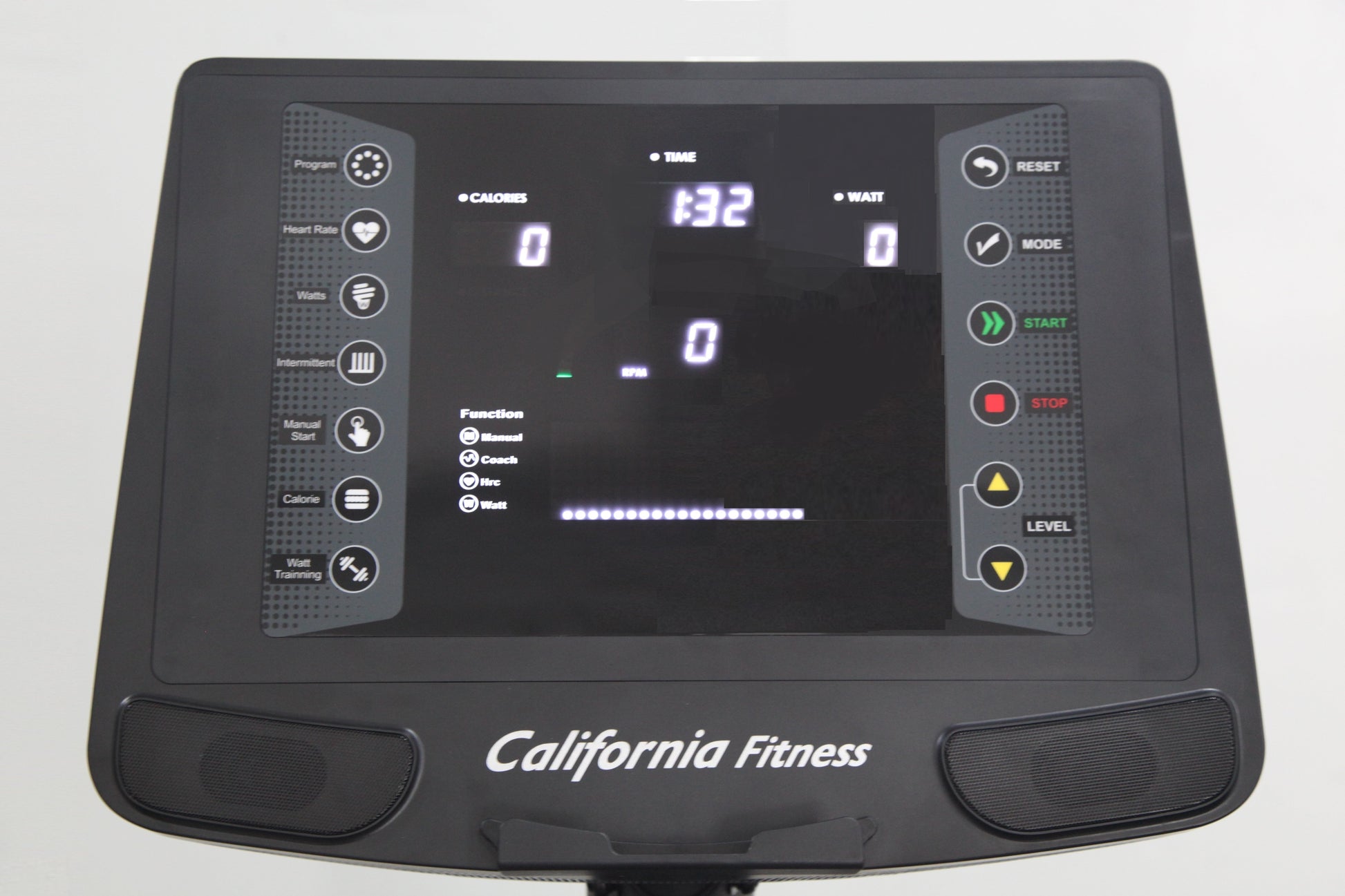 California Fitness E8i black elliptical machine console display with LED screen showing time, calories, watts, and heart rate