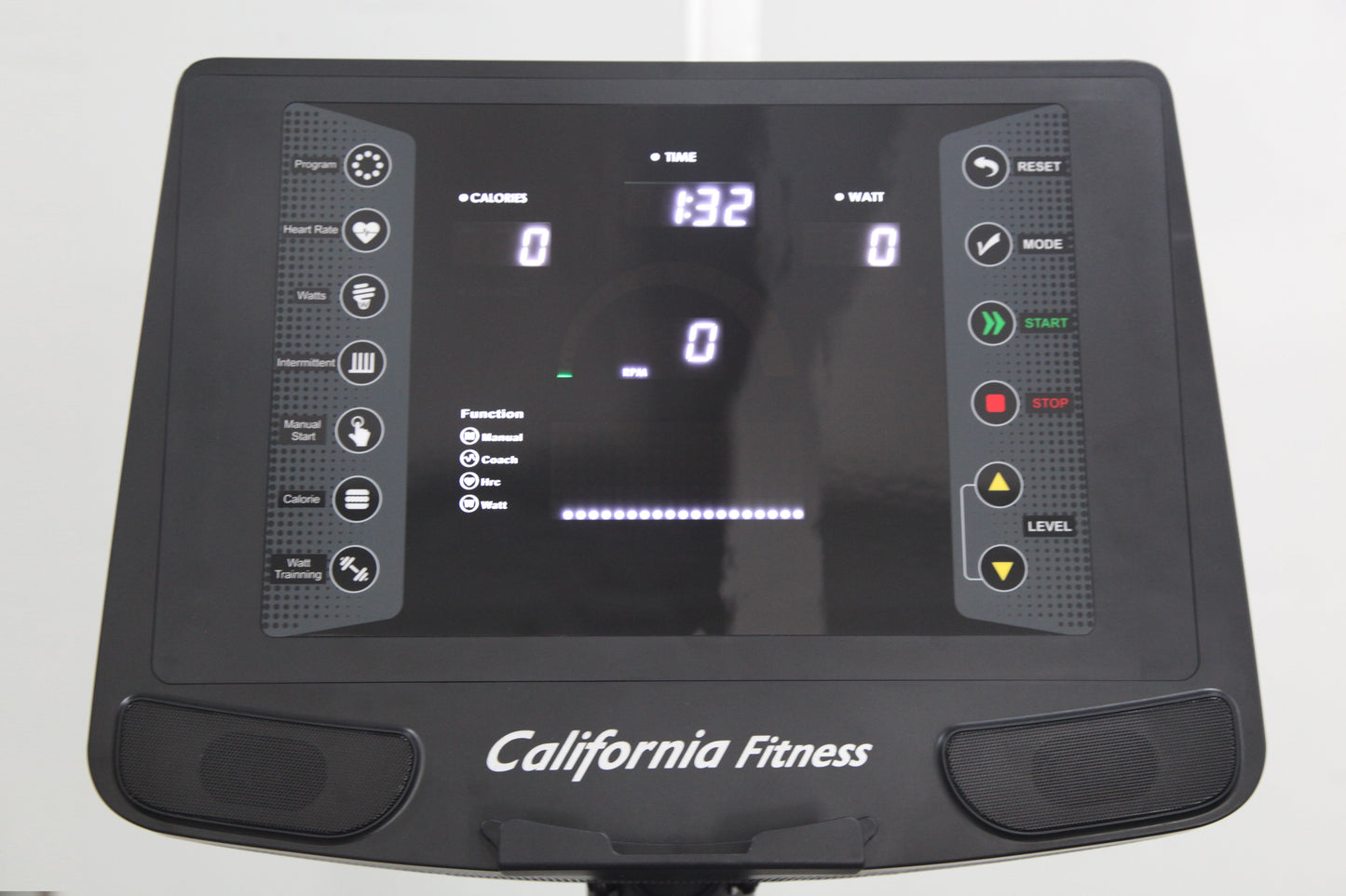 California Fitness RB8 recumbent exercise bike console with digital display showing time, calories, watts, and workout functi