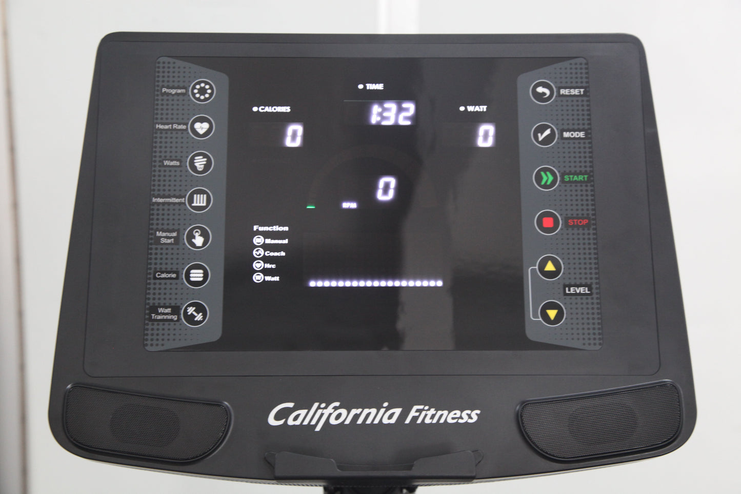 California Fitness U8 upright exercise bike with digital display console showing time, calories, and watts, black frame with 
