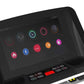 Black treadmill with 12-inch touchscreen console displaying colorful fitness app icons and workout metrics, physical control 